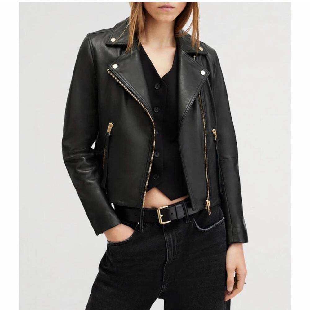 All Saints Dalby Slim Fit BLack Leather Biker Jacket Black/Gold